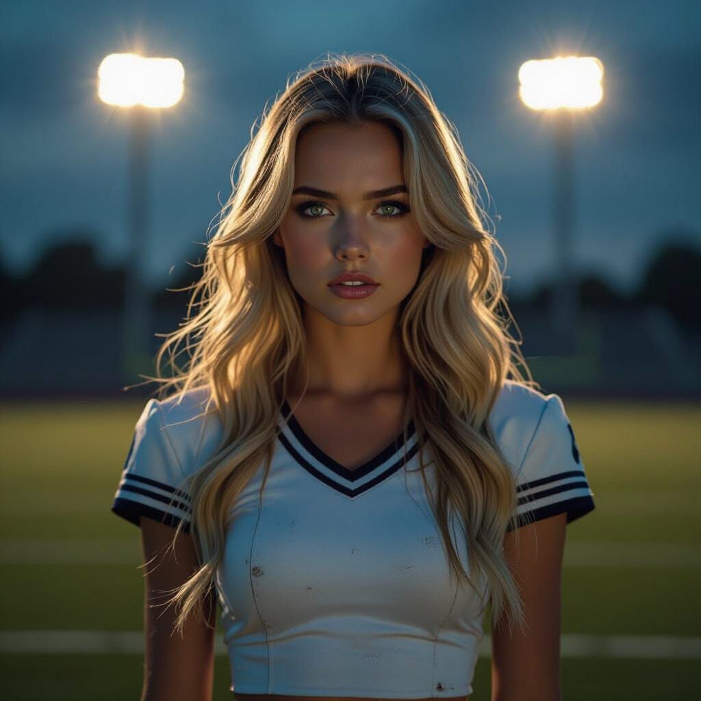 Haunted Cheerleader Under Stadium Lights in Photorealistic S...