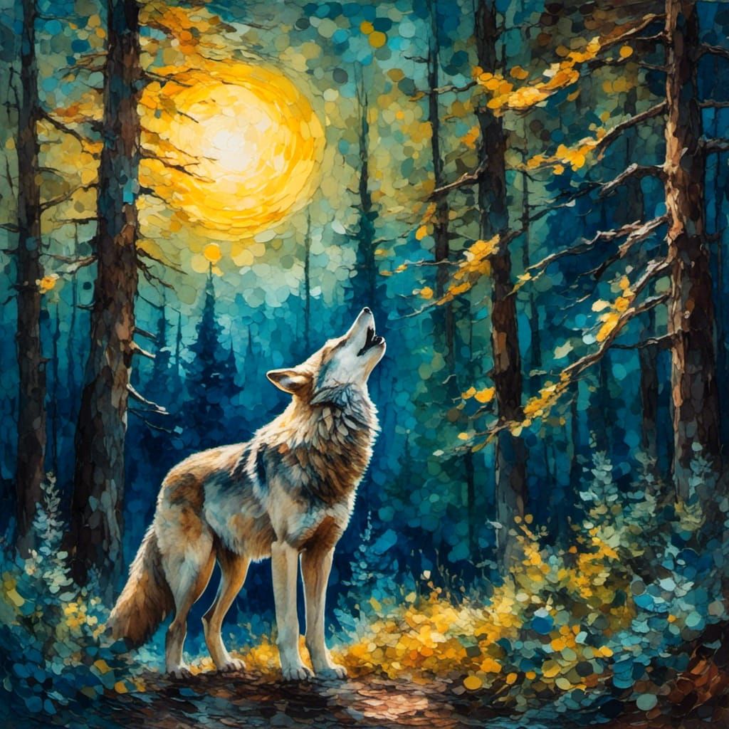 Wolf Howling at Moon: Oil Painting in Van Gogh Style