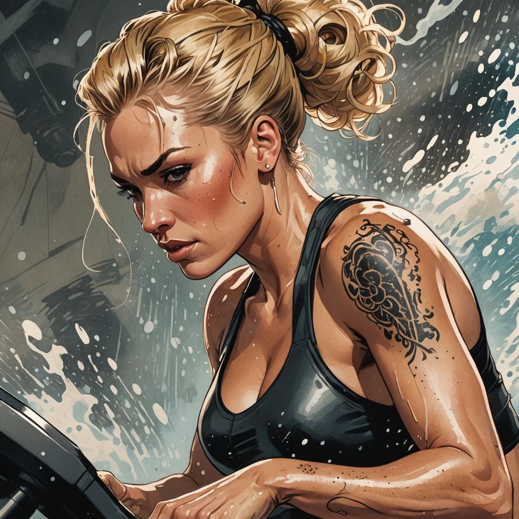 Tattooed Woman on Workout Bike in Comic Book Art