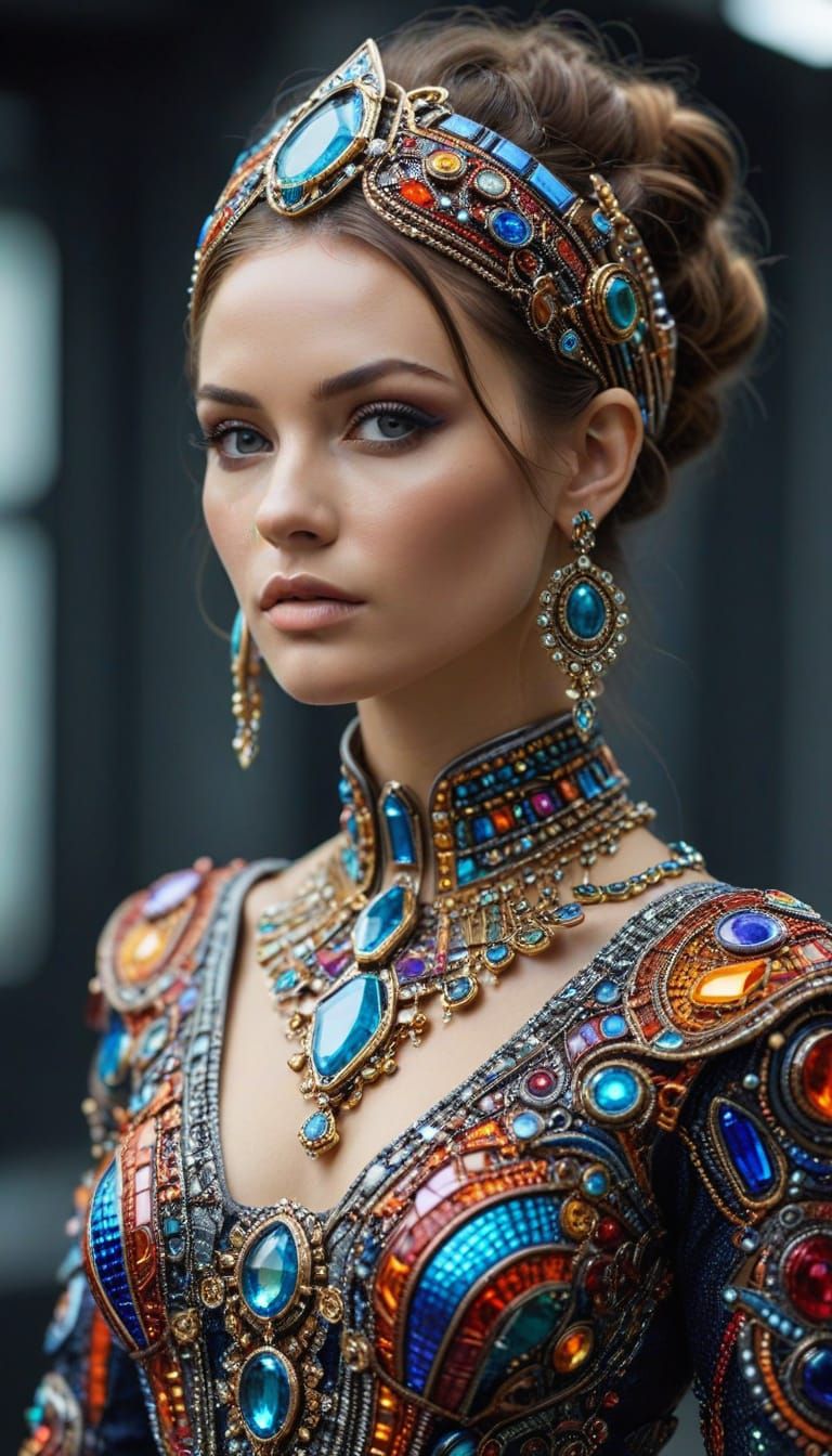 Woman in Colorful Futuristic Clothing and Jewelry