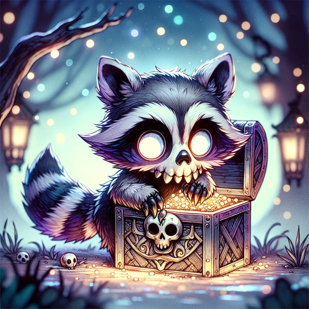 Chibi Undead Raccoon in Treasure Chest: Watercolor Art