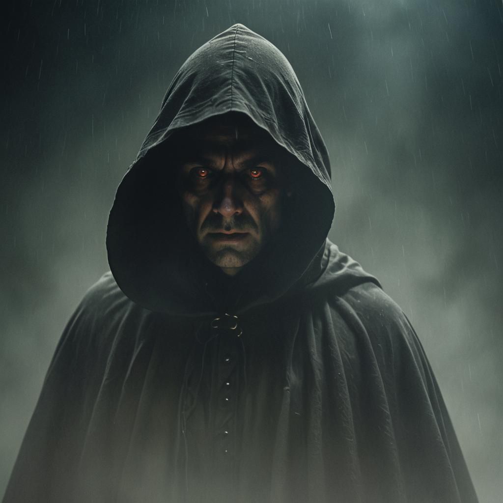 Mysterious Cloaked Figure in Moody Chiaroscuro Lighting