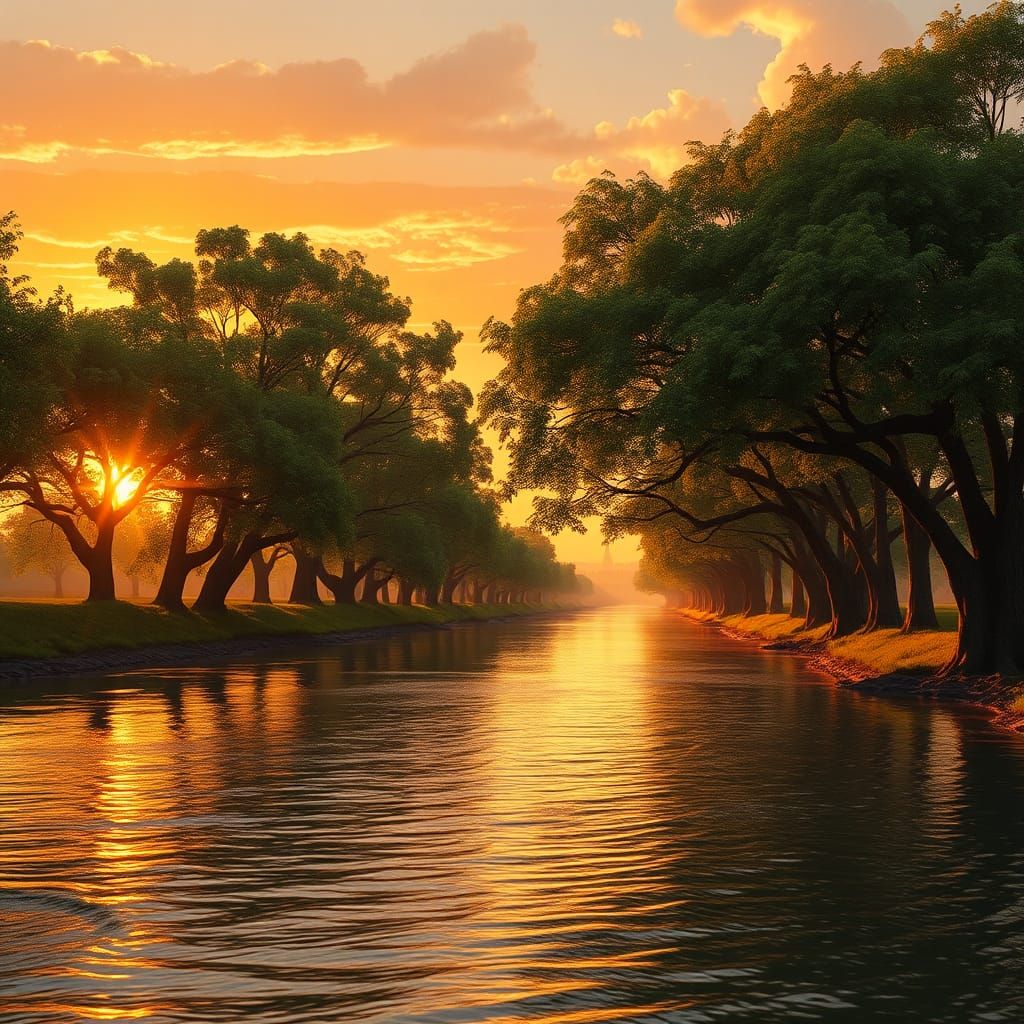 Sunset River Landscape in Digital Art Style