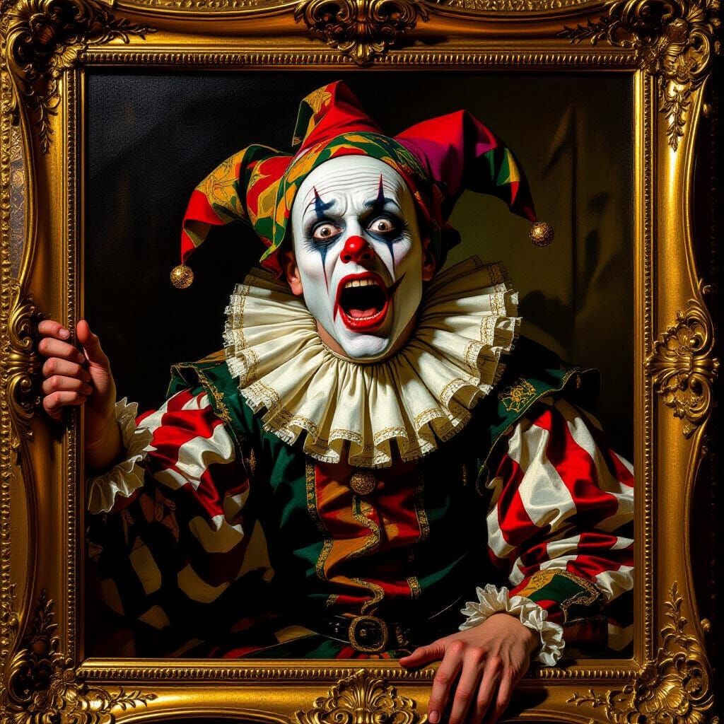 Tormented Jester in Renaissance Painting: Vibrant Horror