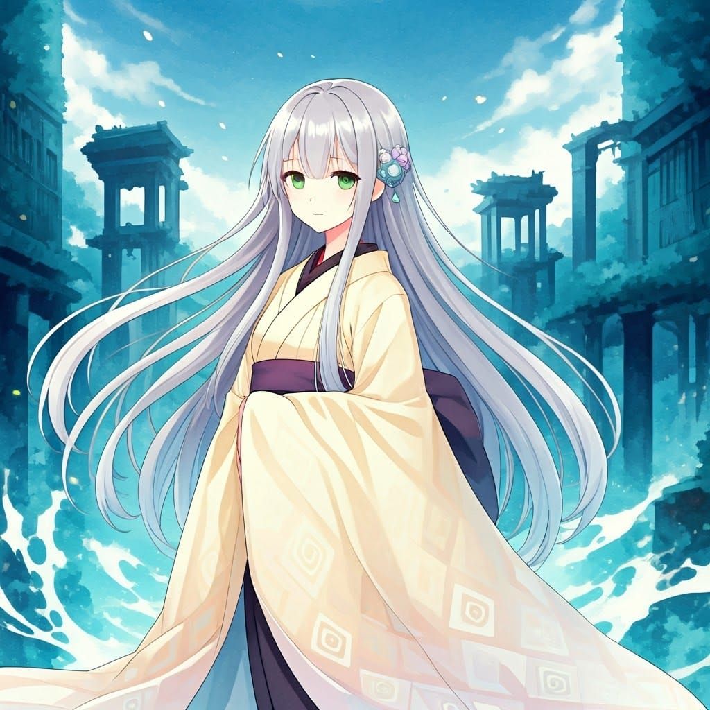 Mystical Anime Girl in Ruined Japanese Landscape