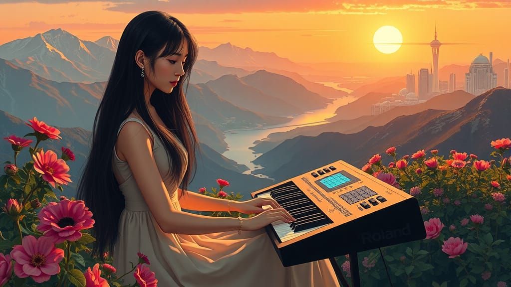 Surreal Landscape with Futuristic City and Musician