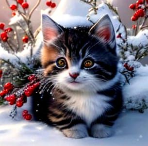 Furry Kitten in Winter Wonderland Scene