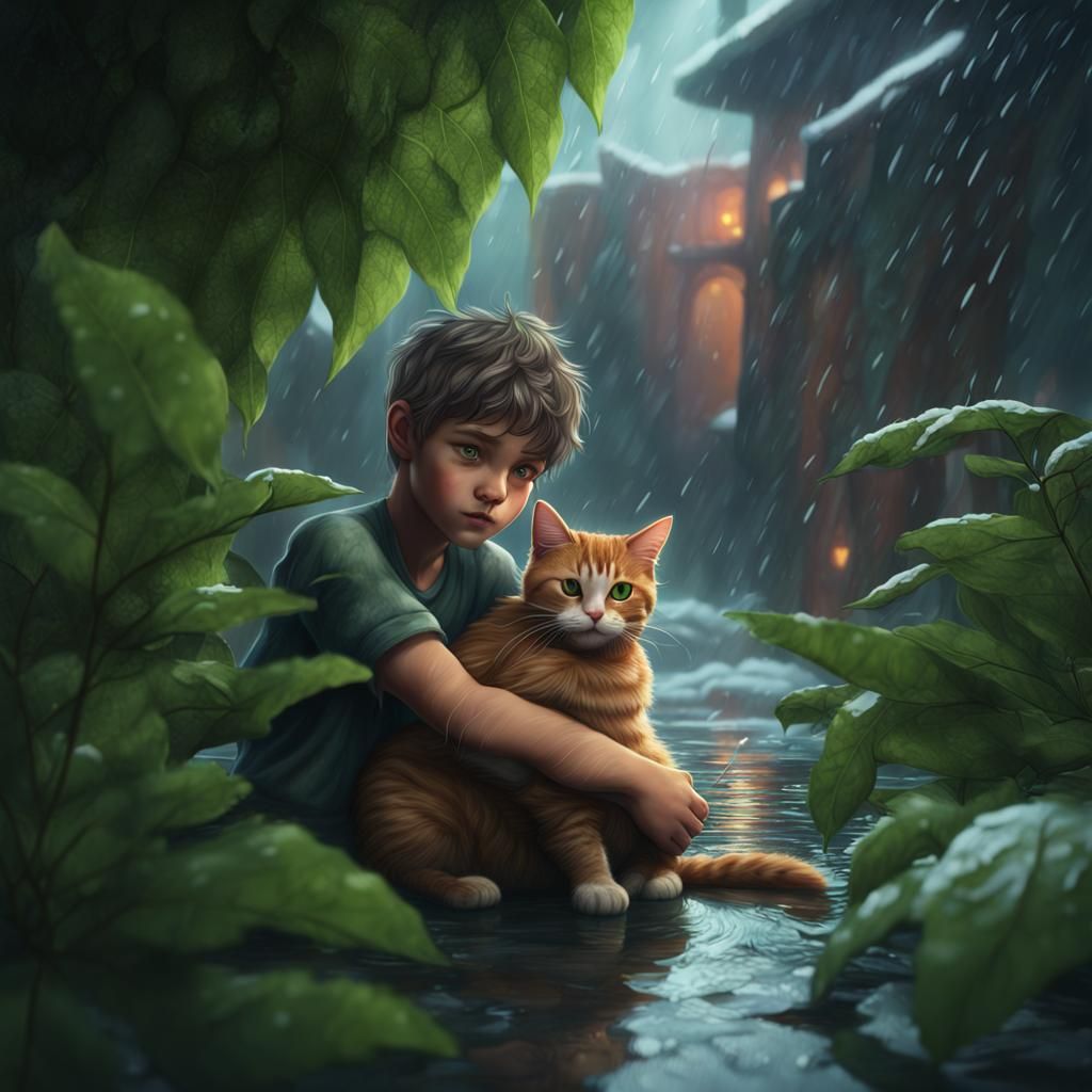 Boy and Cat Seek Shelter in Heavy Rain