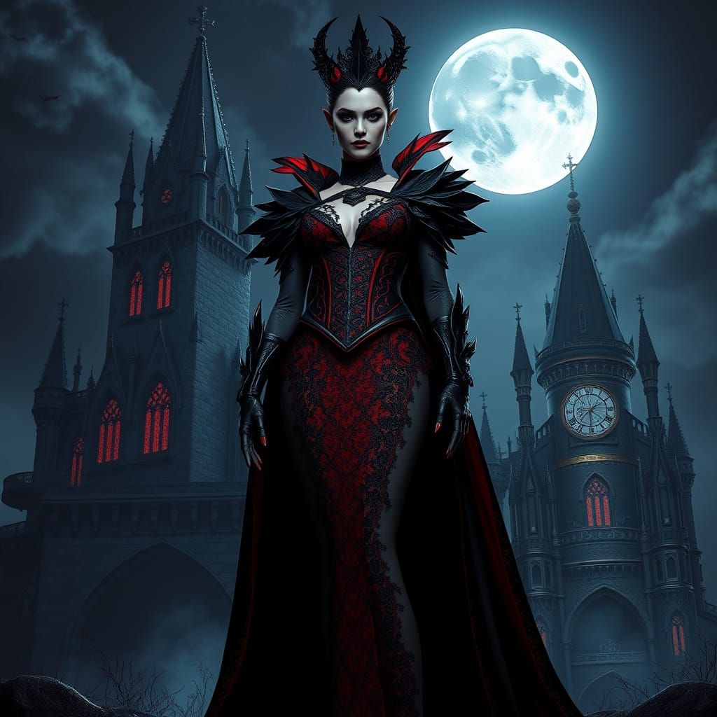 Ethereal Vampire Queen Confronts Haunted Castle at Night in ...