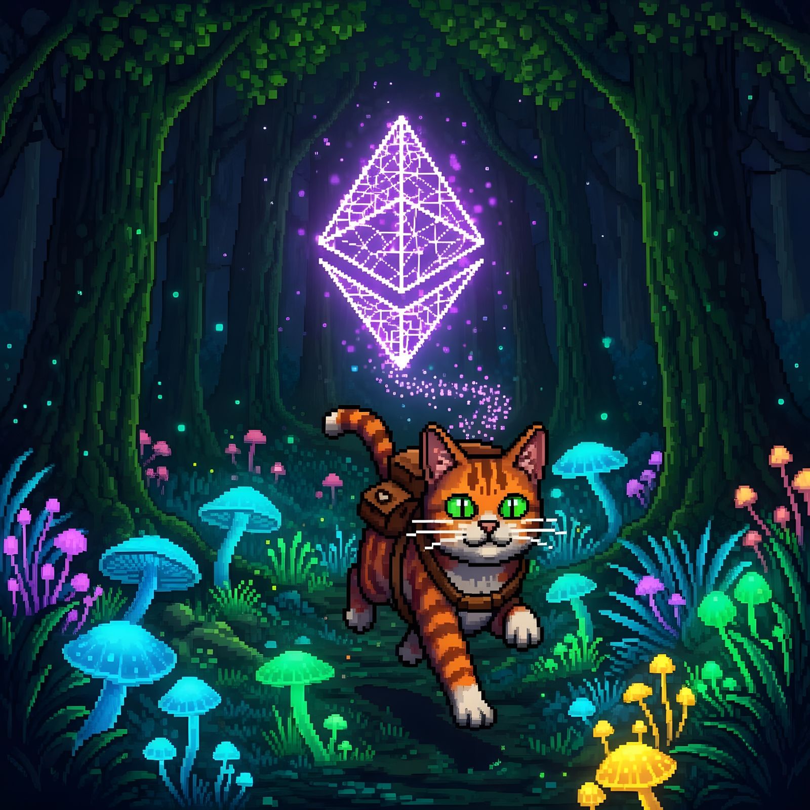 Pixel Art Cat Chasing Ethereum in Forest