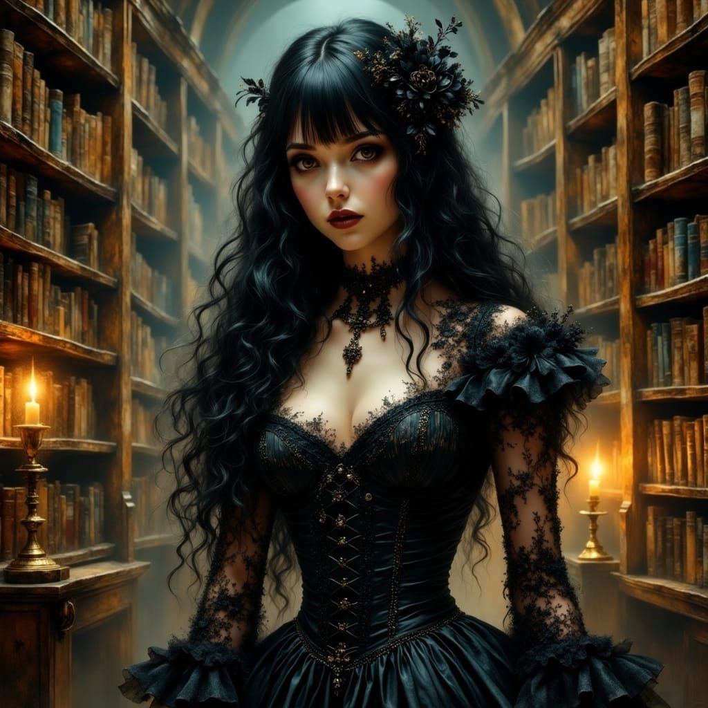 Gothic Pin-Up in Haunted Library, Hyperrealistic Style
