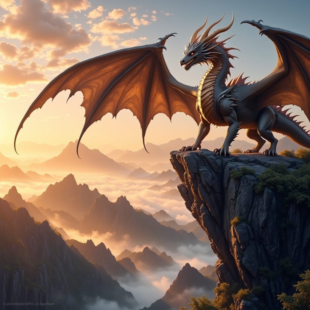 An extraordinary mystical dragon standing at the edge of a cliff with his mighty wings spread wide looking over the hori...