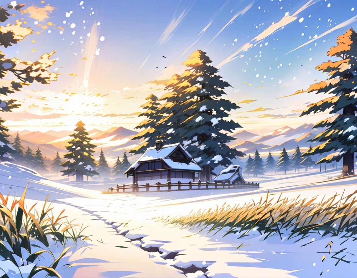 Anime Sunrise Over Snowy Meadow