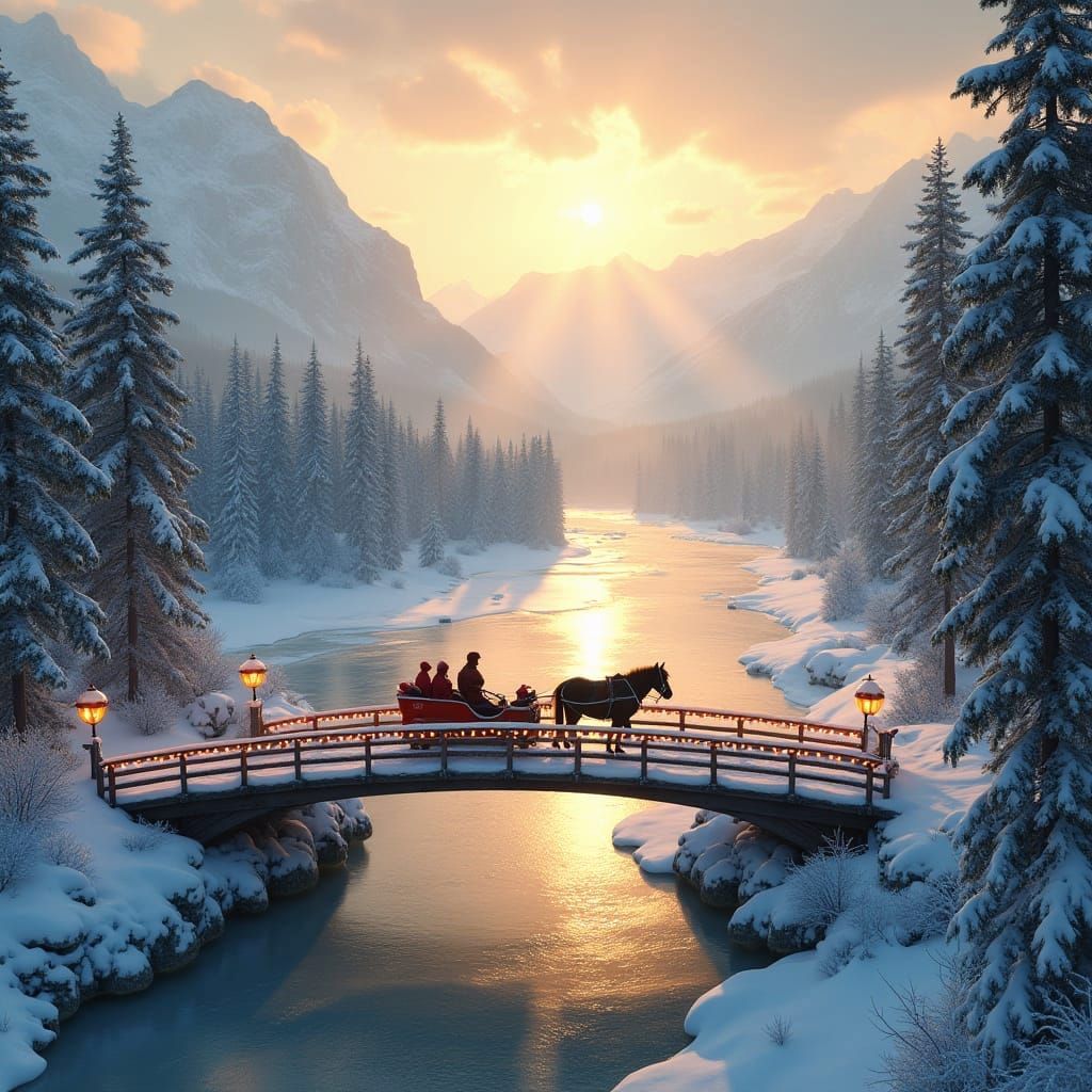 Aerial View of Snowy Bridge with Sleigh at Sunrise