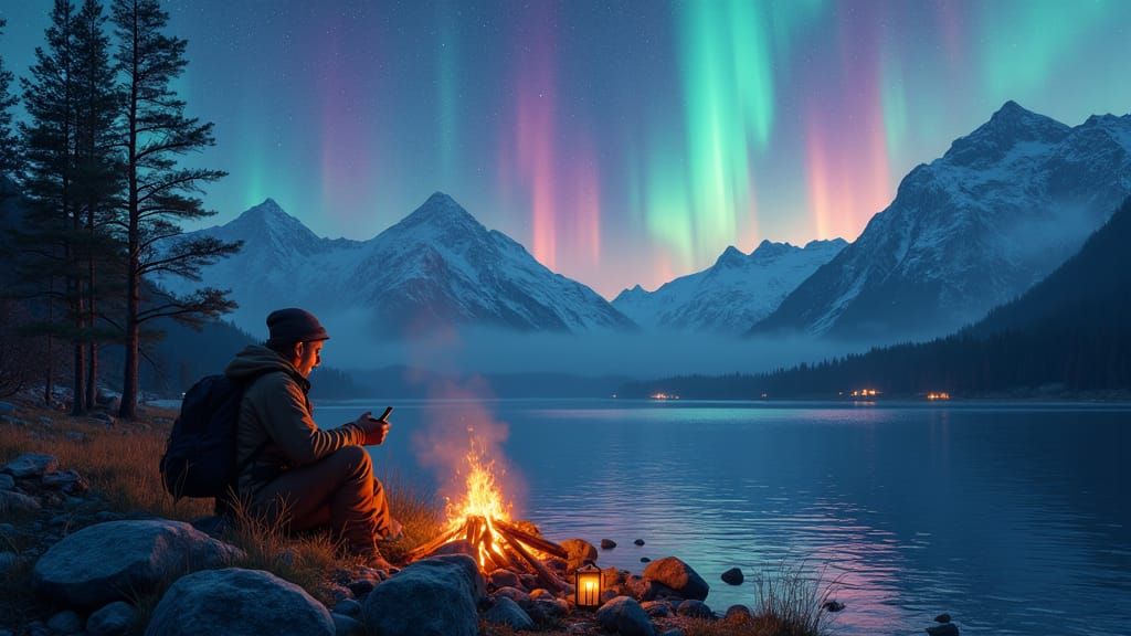 Hiker by Campfire Under Northern Lights