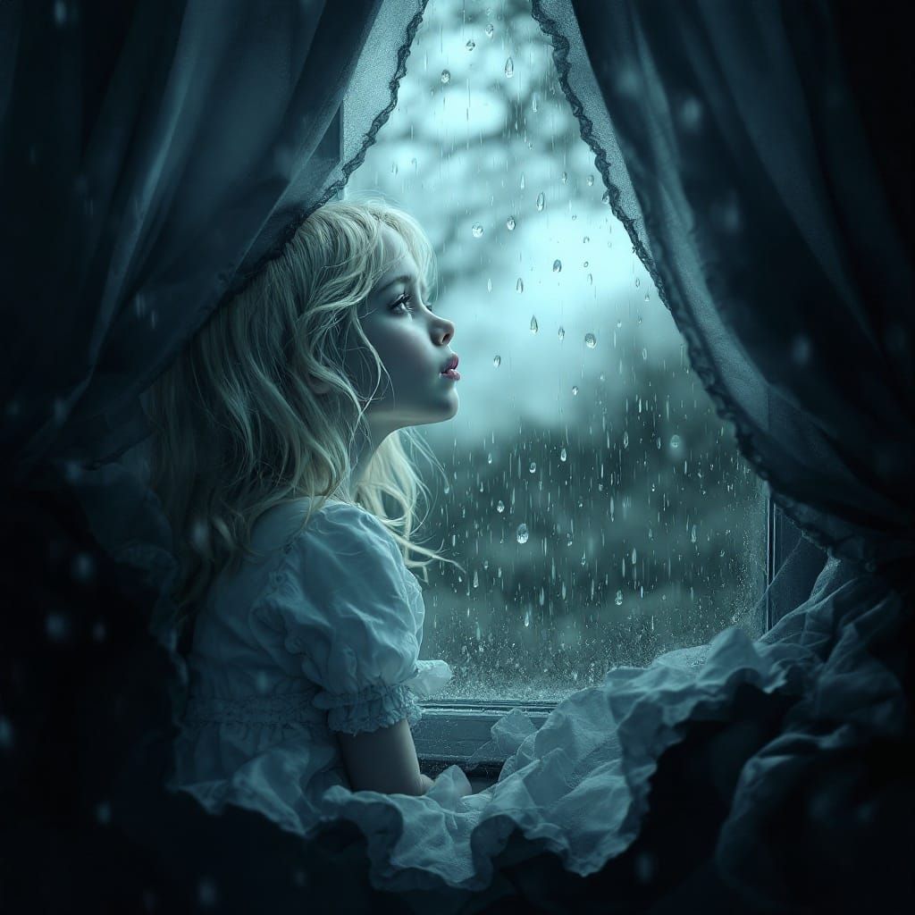 A Lonely Girl Contemplates the Rainy World Beyond Her Window