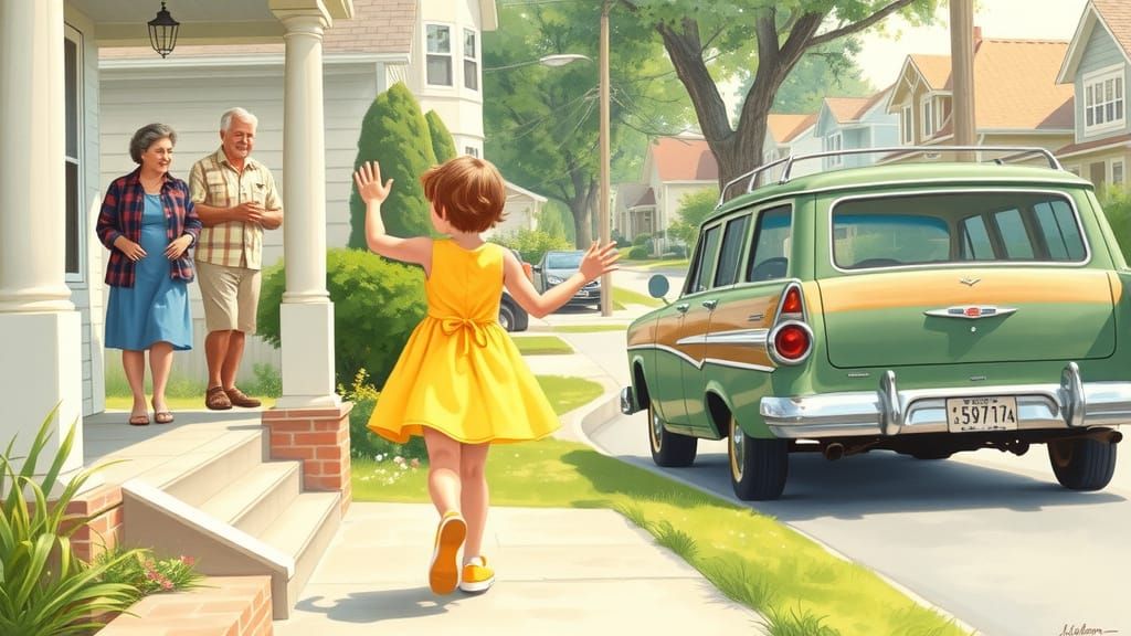 Nostalgic Goodbye Scene in Illustrative Style