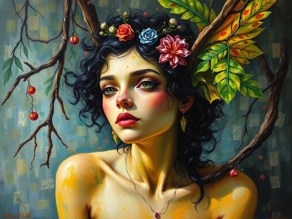 Sensual Dryad Emerges from Shadowy Grove in Impasto Oils