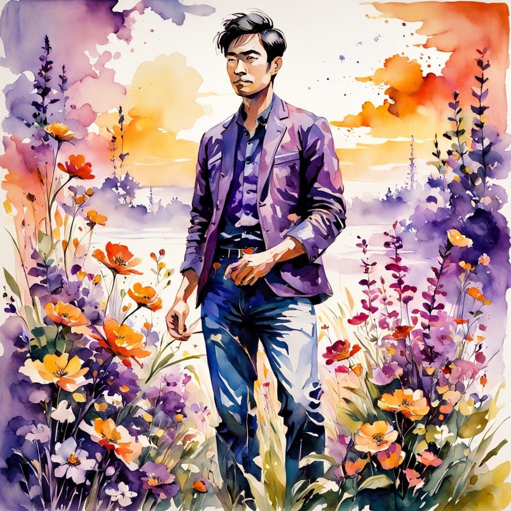 Man in Flowery Meadow at Sunset, Watercolor Art