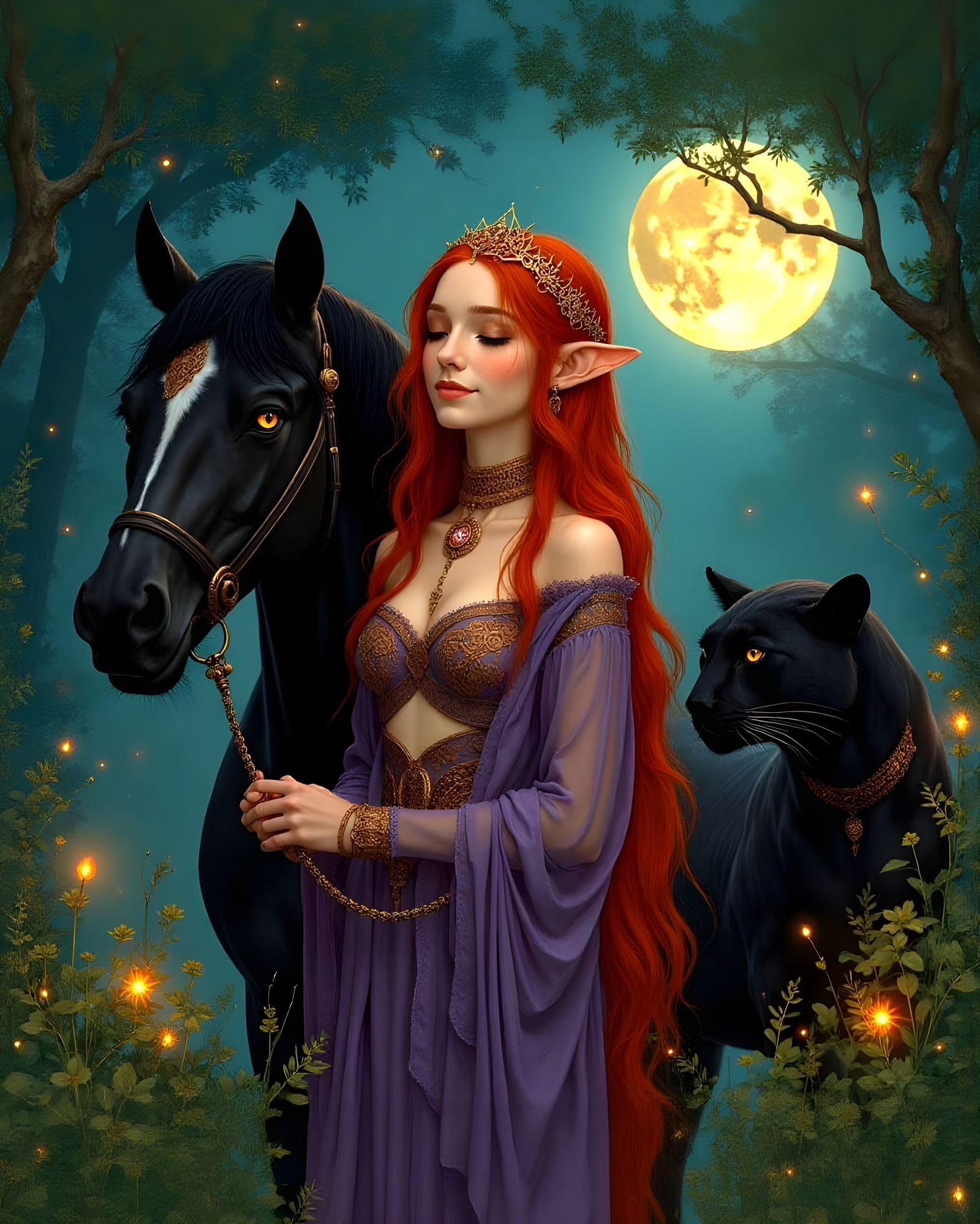 Elven Queen in Moonlit Glade, Art Nouveau Style