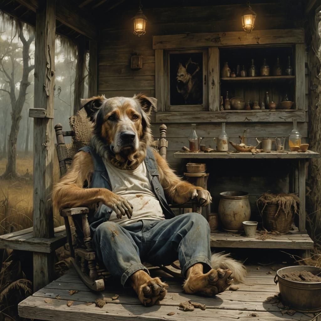 Hound Dog in Swamp, Dark Fantasy Illustration