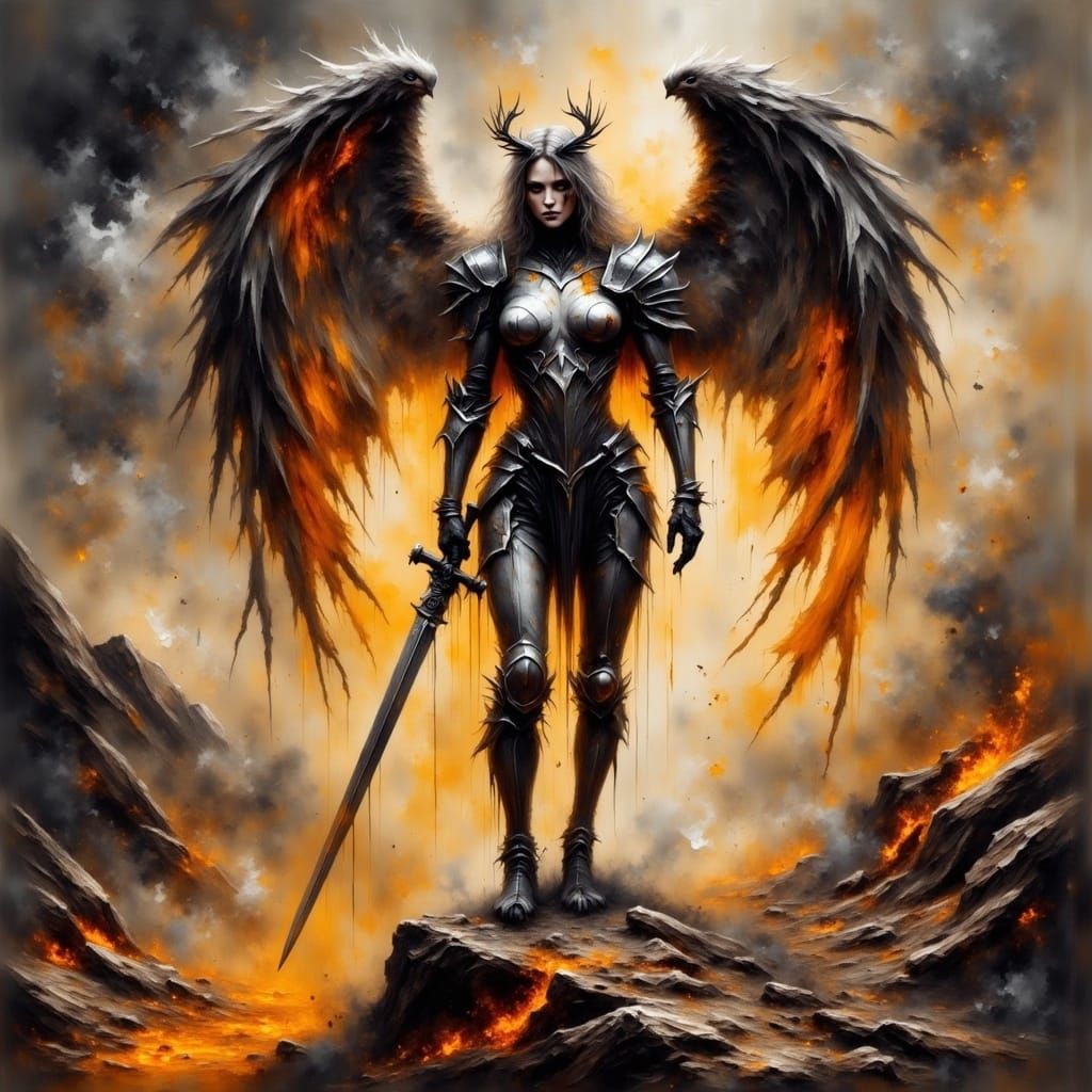 Fallen Angel Amidst Volcanic Ruins in Smokey Grunge Watercol...