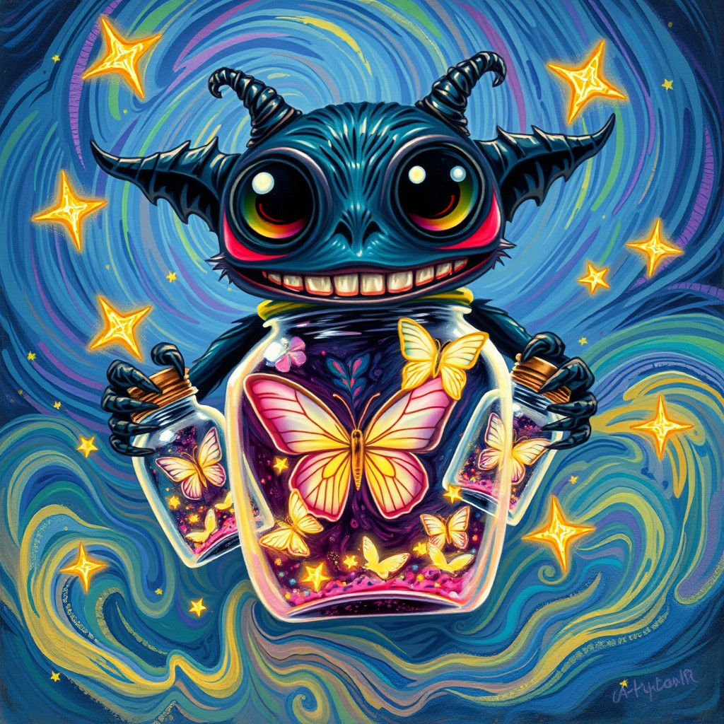 Gothic Creature with Fairies in Van Gogh Style