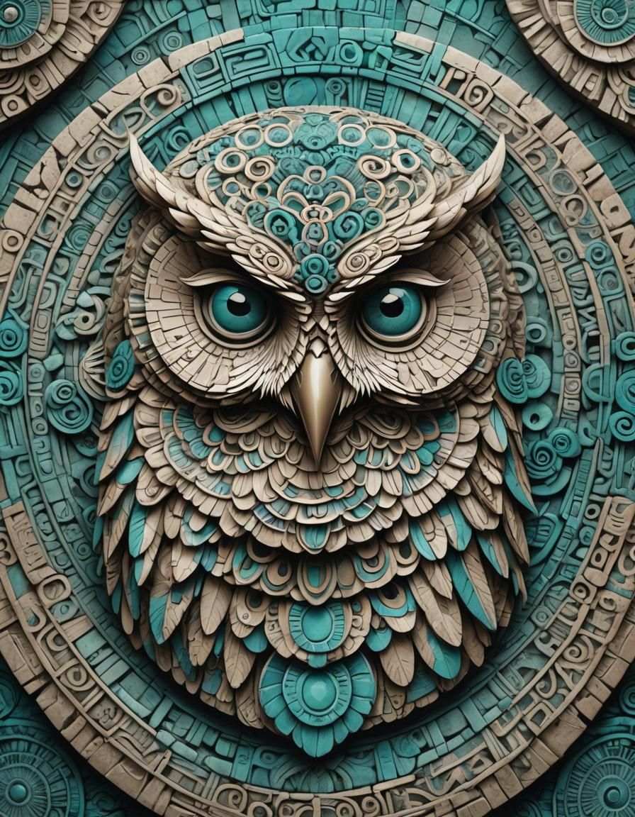 Mesoamerican Owl Woman Sculpture: Digital Illustration