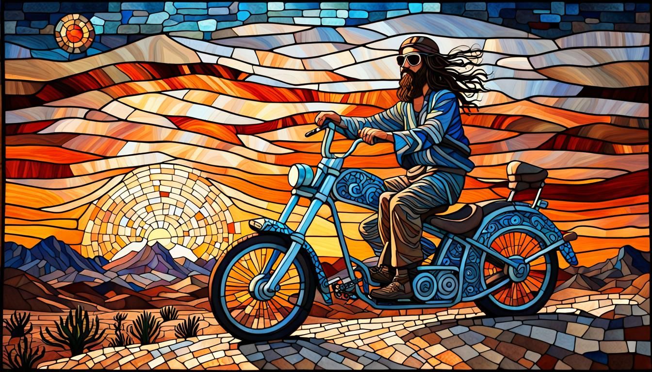 Mosaic of Hippie on Chopper at Sunrise
