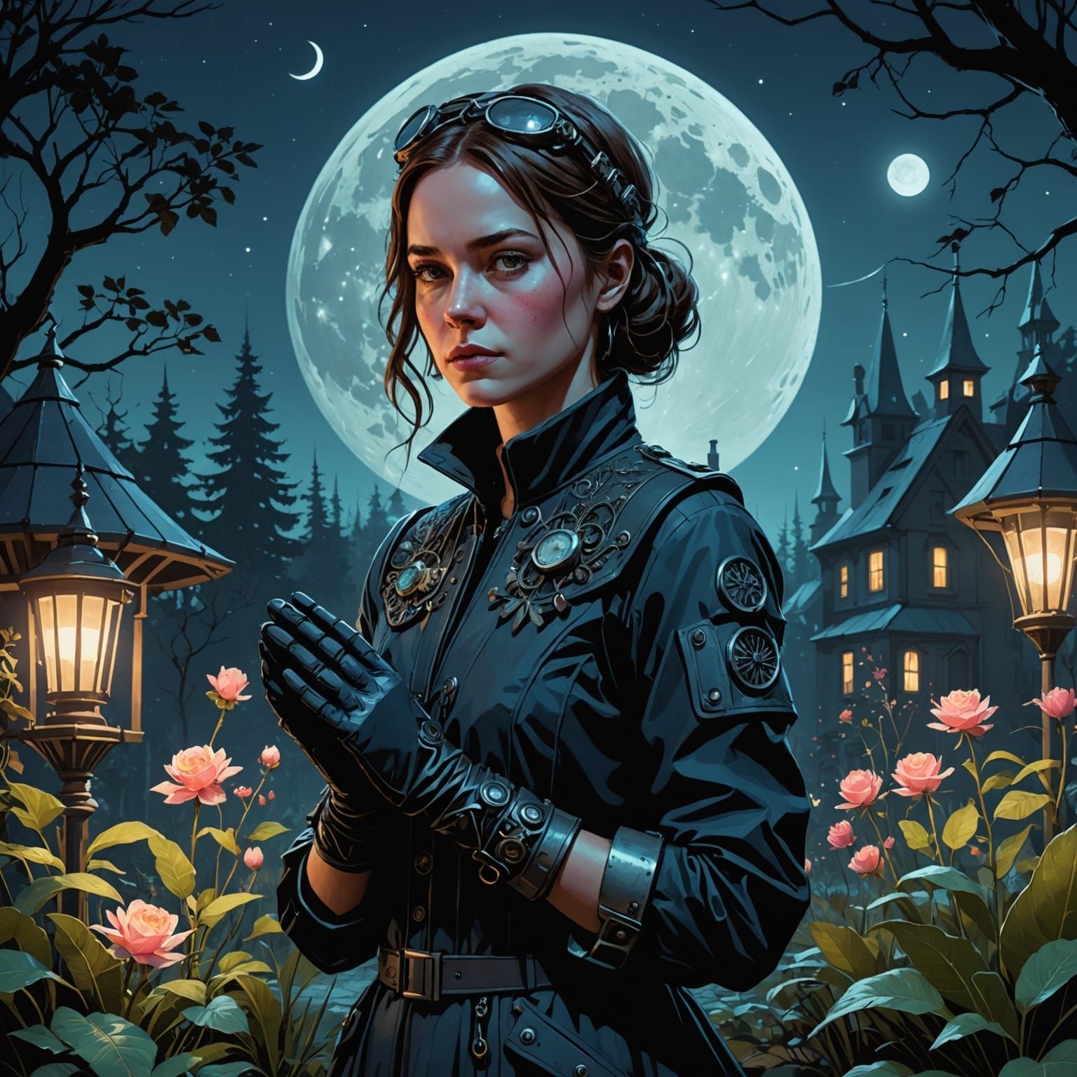 Woman in Moonlit Garden with Intricate Gloves