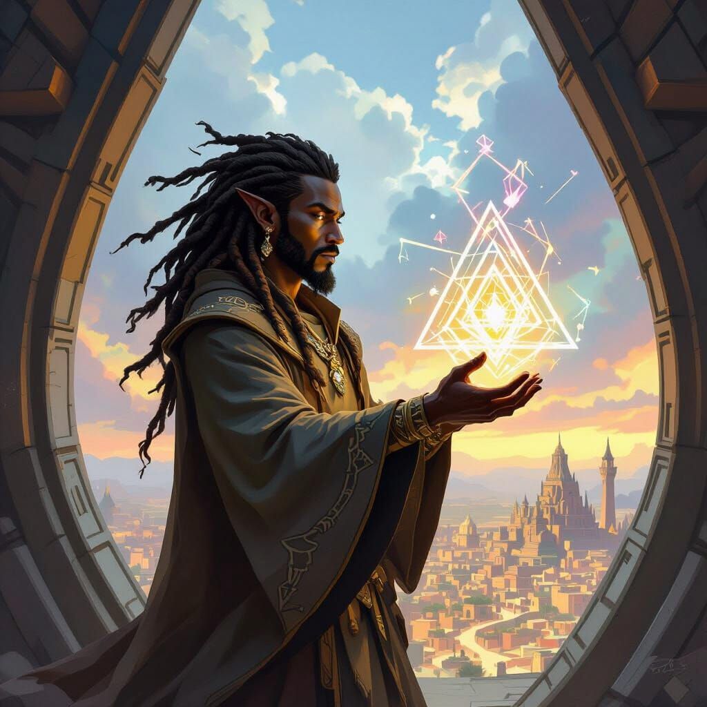 African Wizard Casting Spell in Fantasy Observation Chamber