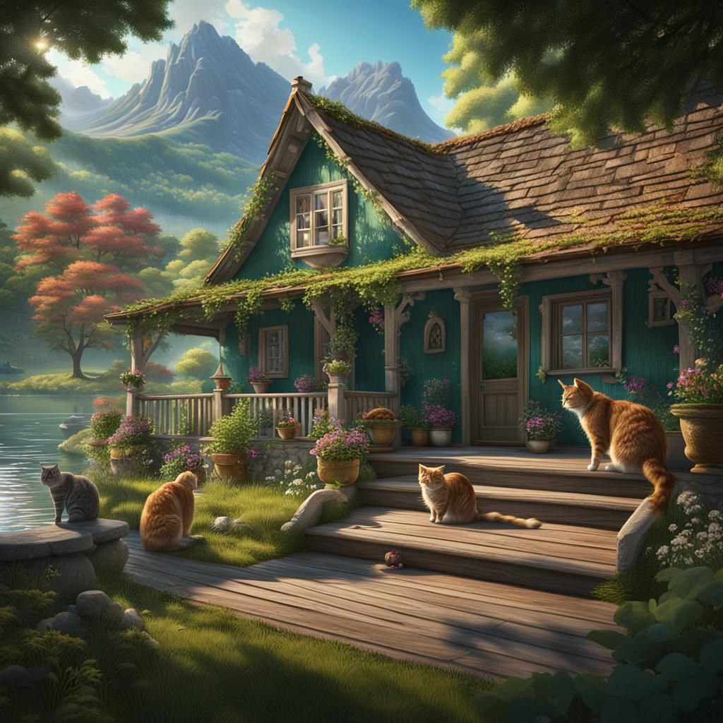 Cats on Cottage Porch: Detailed Matte Painting
