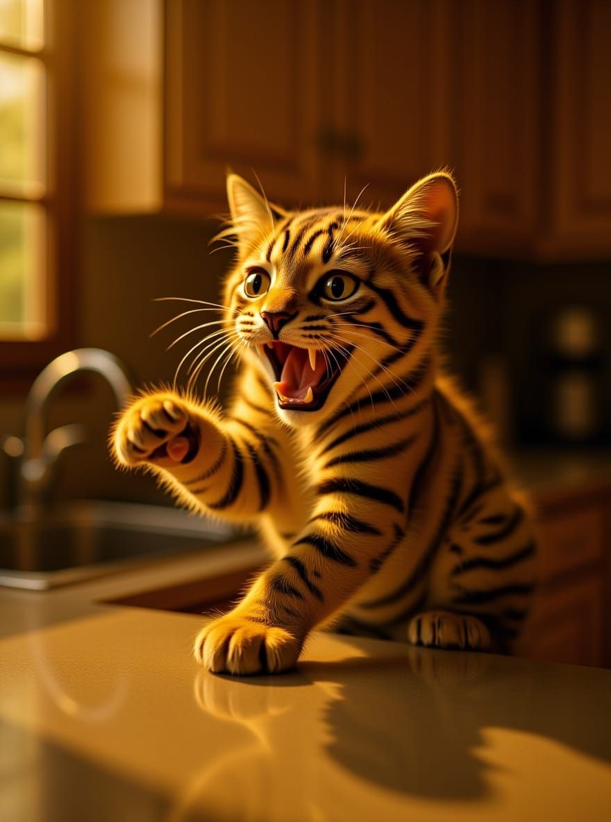 Adorable Tiger-Patterned Kitten Roaring in Modern Kitchen