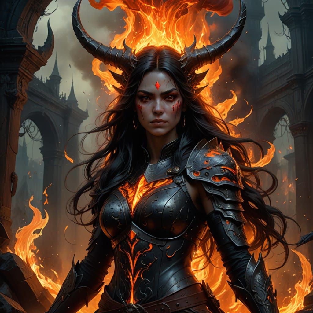 Goddess on Demon Helm in Fiery Fantasy Art