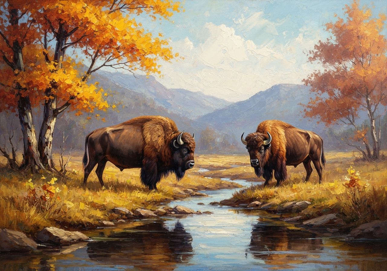 Bison in Autumn Landscape Impasto Painting