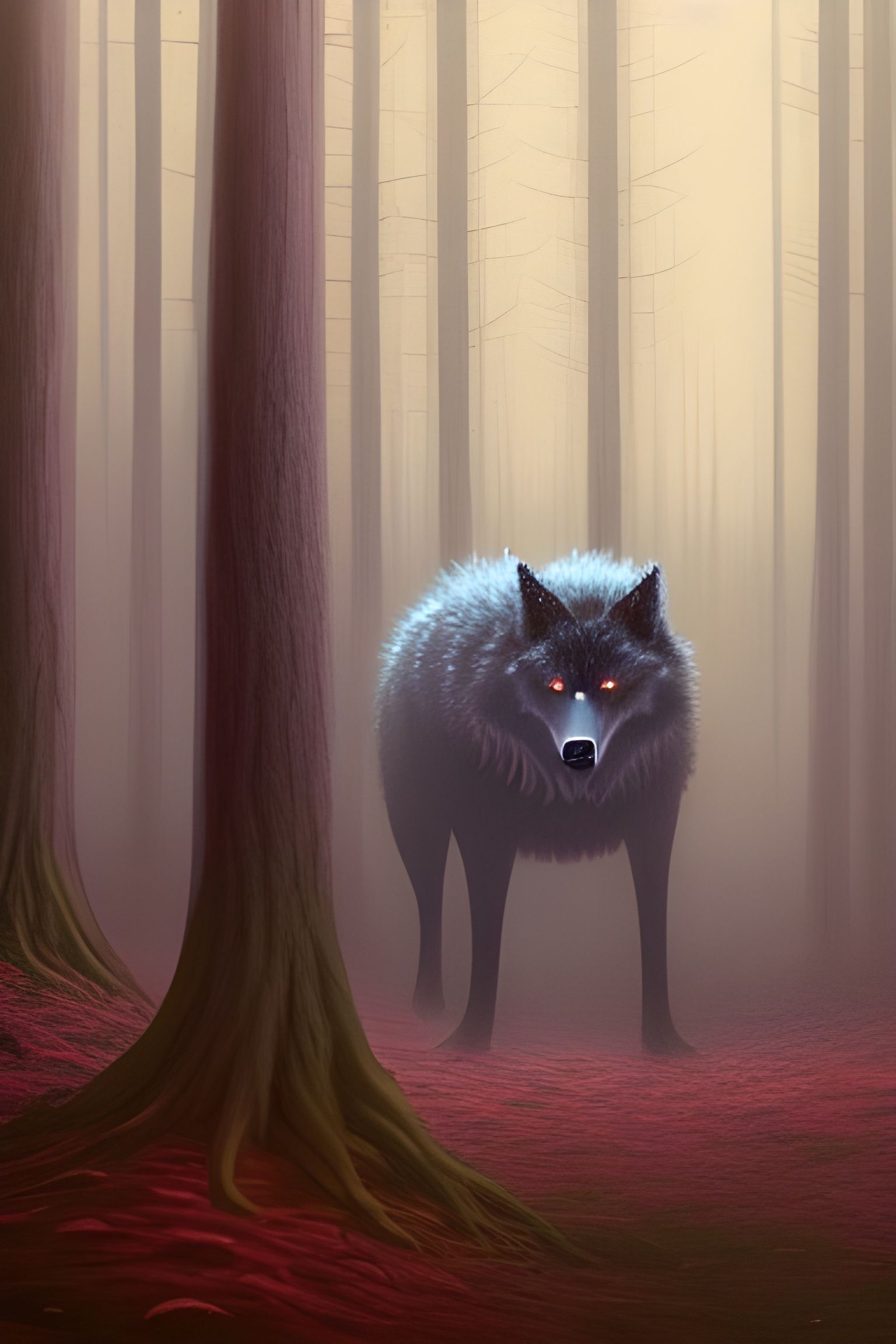 Glowing-Eyed Wolf in Misty Forest Art