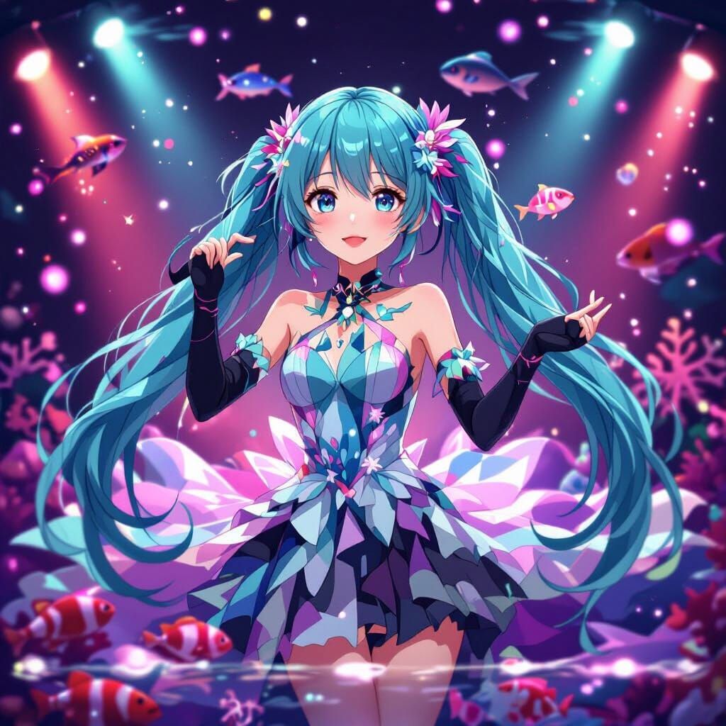 Miku Underwater in Flowing Gown with Ocean Creatures