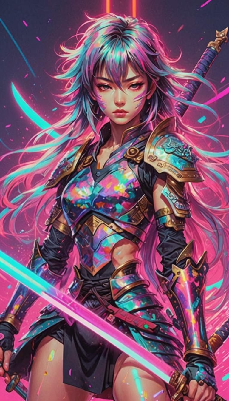 Vaporwave Samurai in Neon Holographic Glory