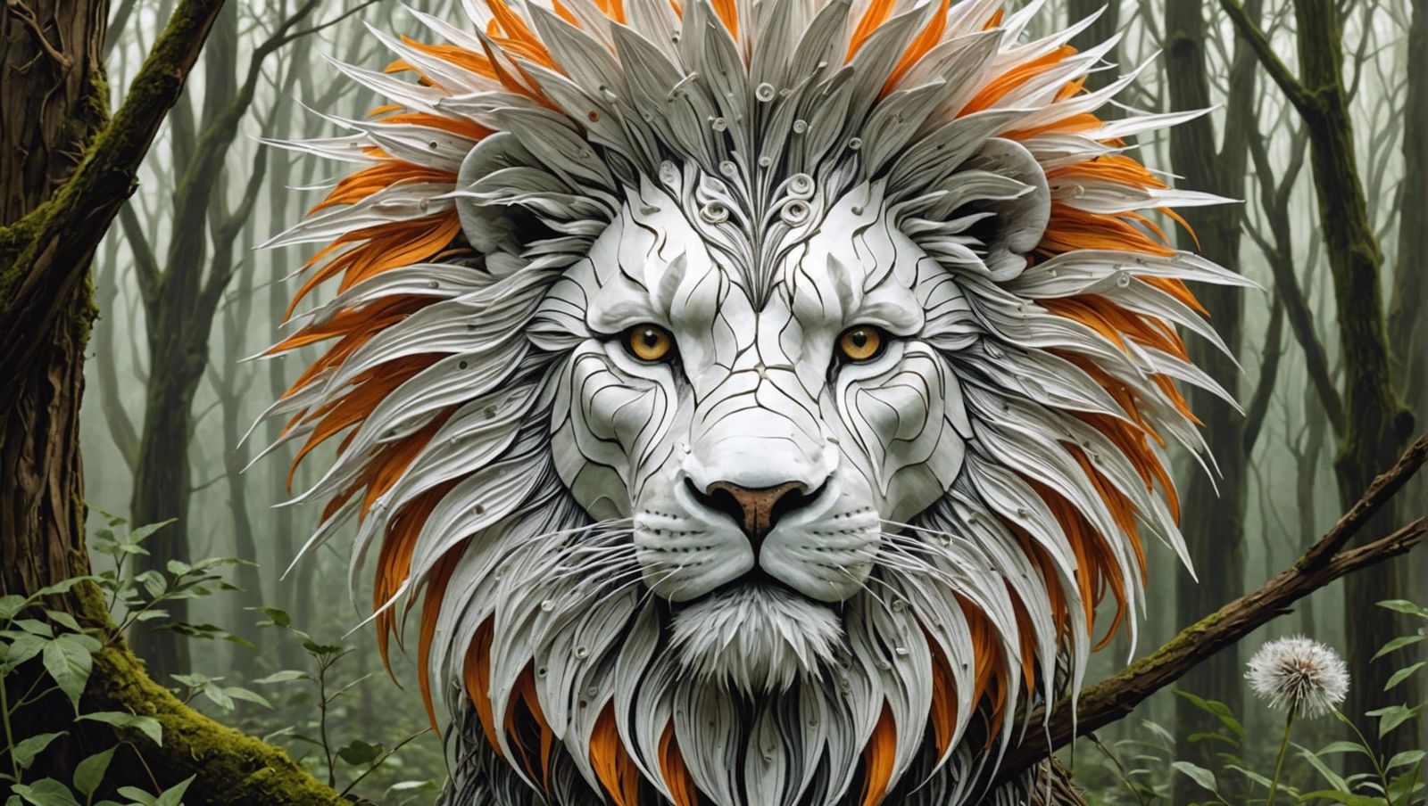 Surreal White Lion Portrait in Gloomy Forest