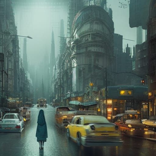 Rainy Cityscape in Lofi Digital Art Style