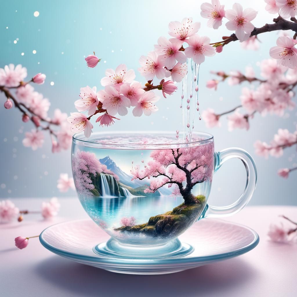 Cherry Blossom Waterfall Teacup Double Exposure Art