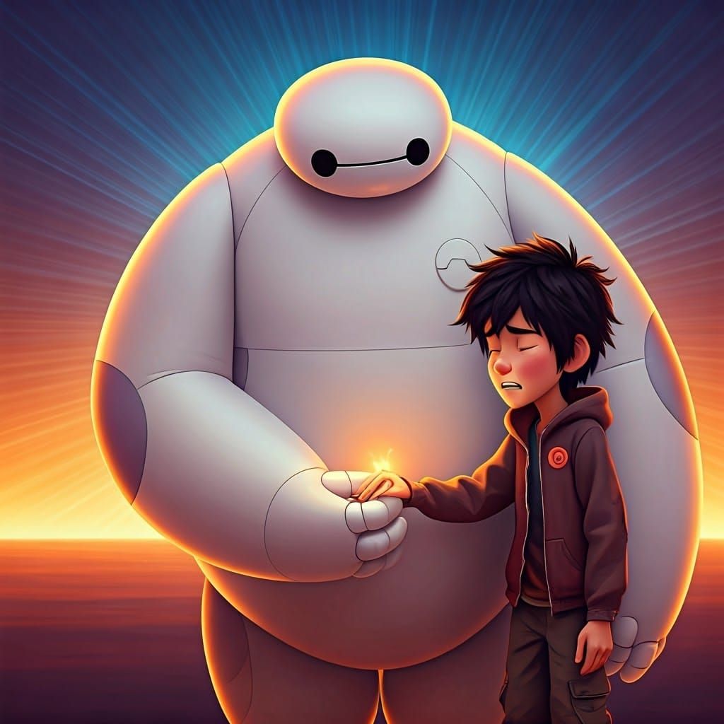 Baymax Comforts Hiro During Childbirth: Pixar-Style 3D Art