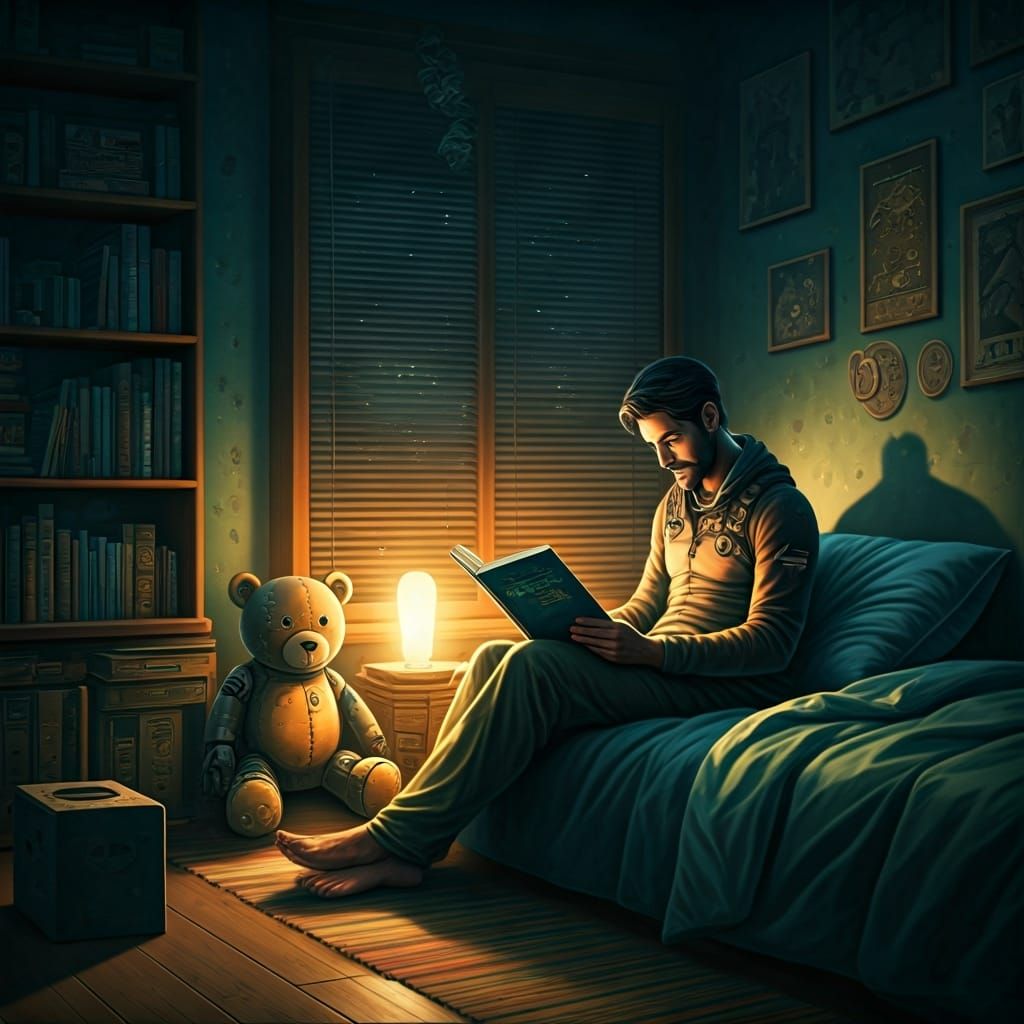 Cozy Father Reading to Child in Cyberpunk Style