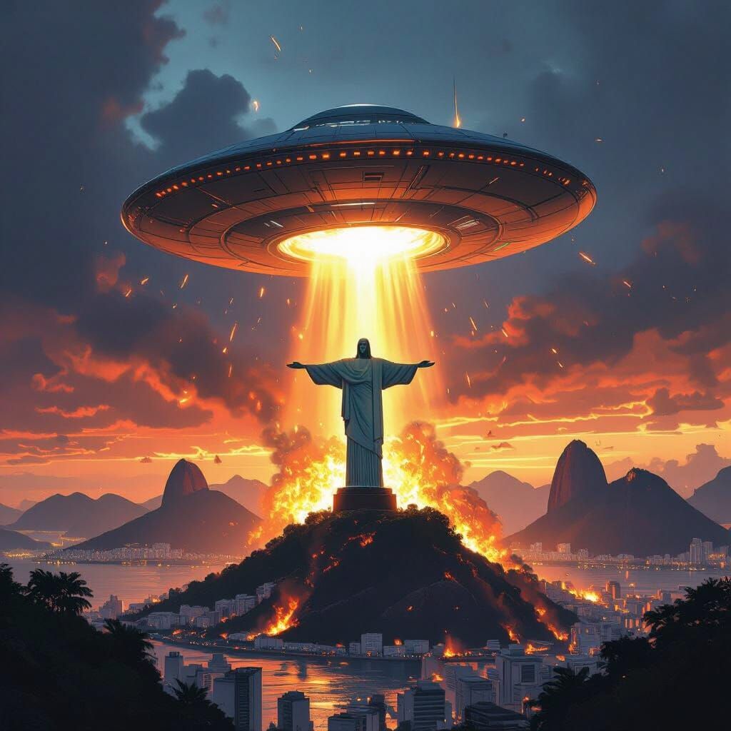 Flying Saucer Destroys Christ the Redeemer Over Burning Rio