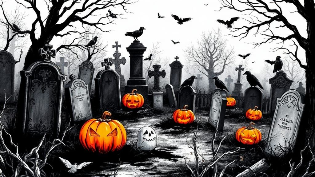 Haunted Graveyard Sketch with Pumpkins and Ravens