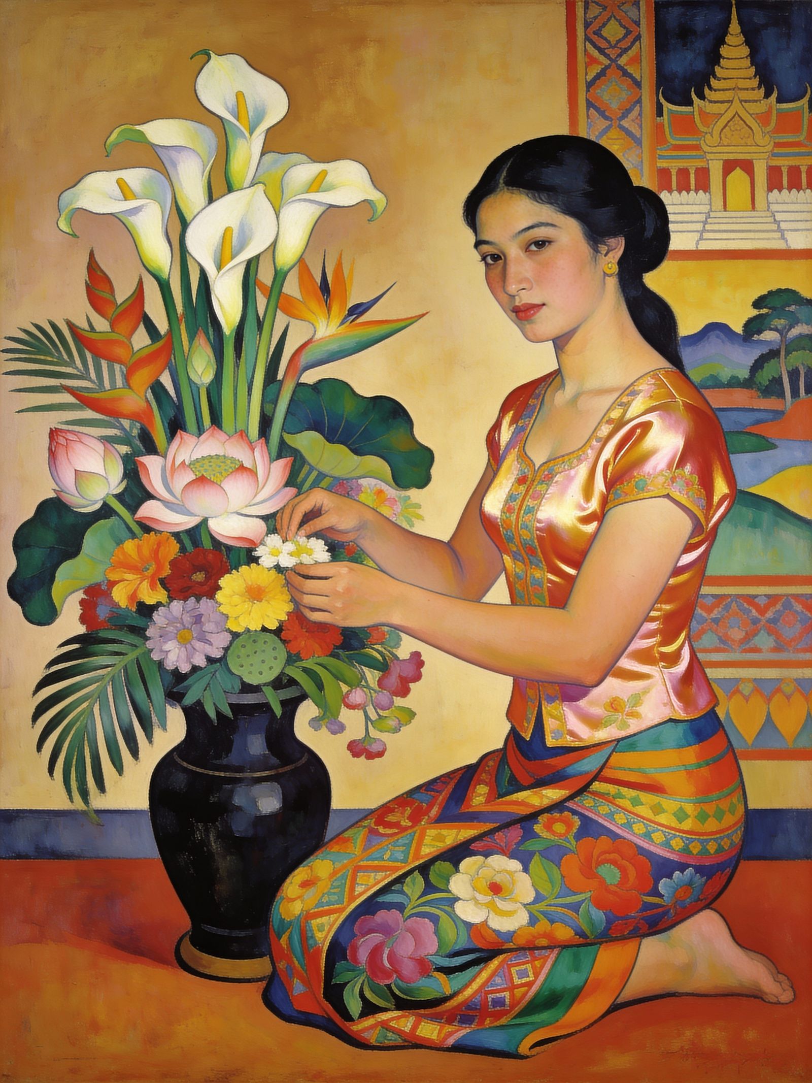 Cambodian Woman Arranging Flowers in Diego Rivera Style