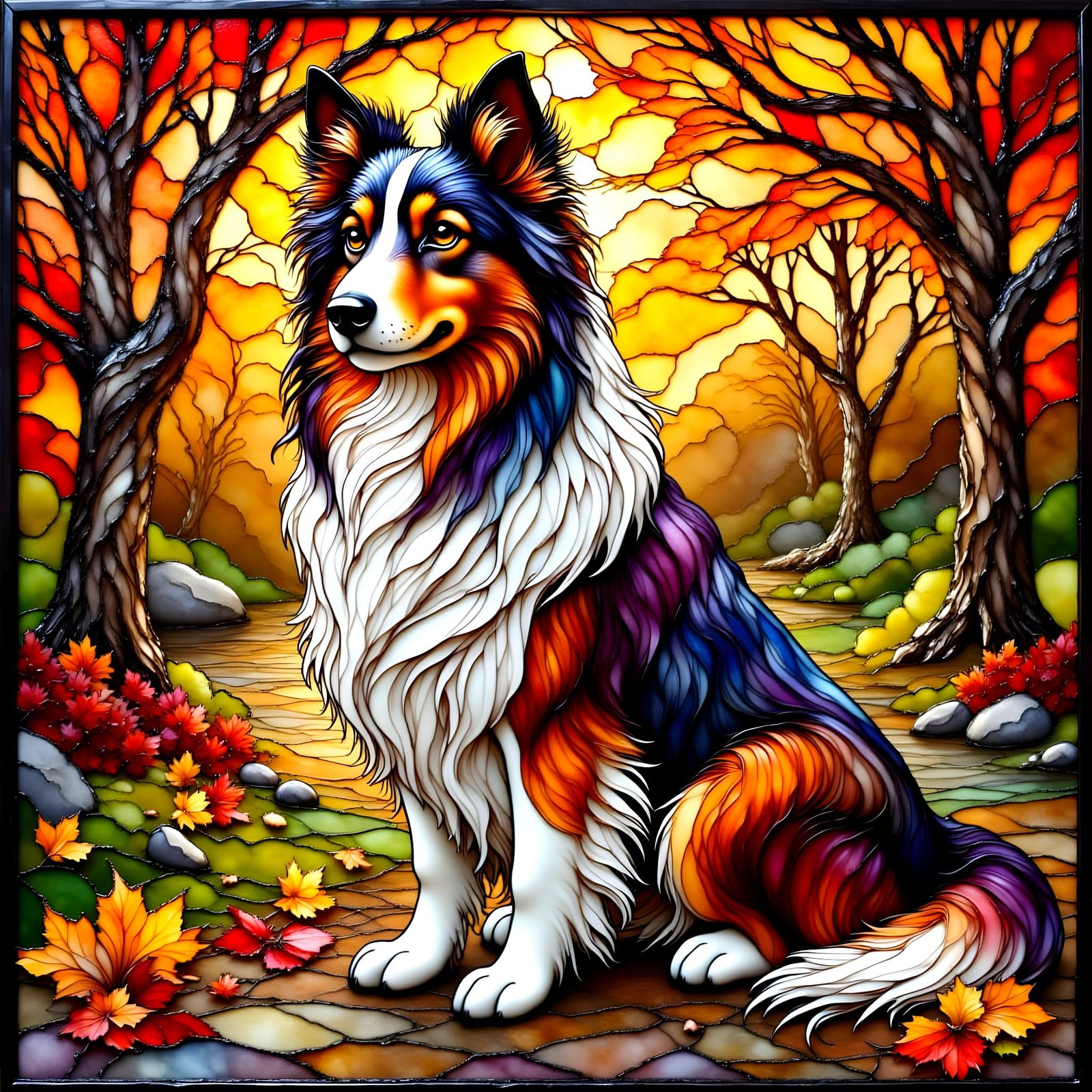 Collie Dog in Stained Glass Alcohol Ink Style