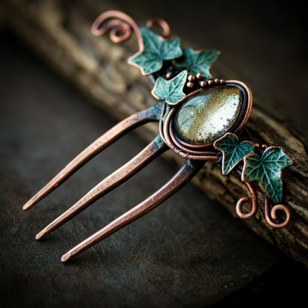 Handmade Copper Hair Fork with Ivy Leaf and Teardrop Cabocho...