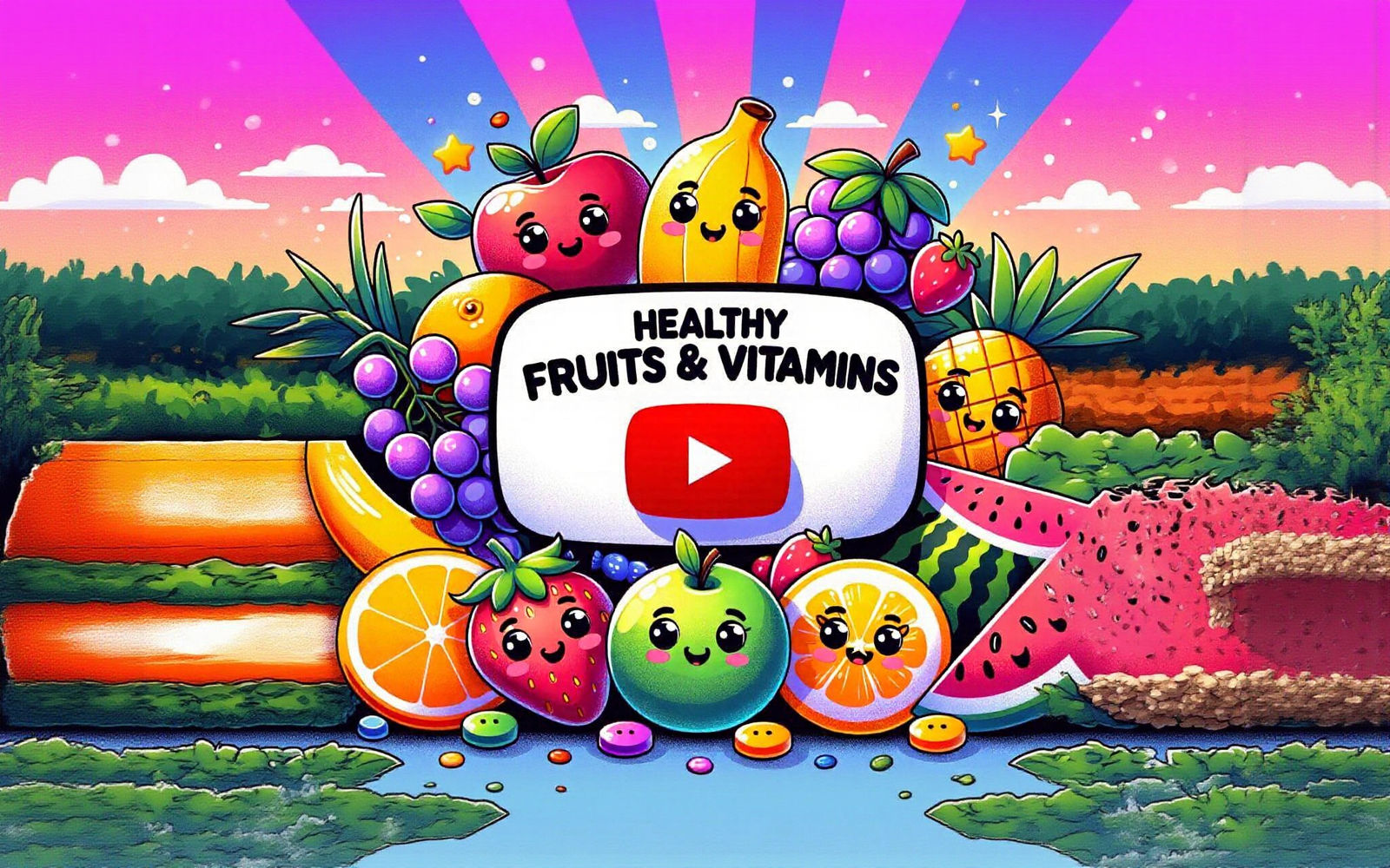 Vibrant Cartoon Fruits & Vitamins Thumbnail for Kids