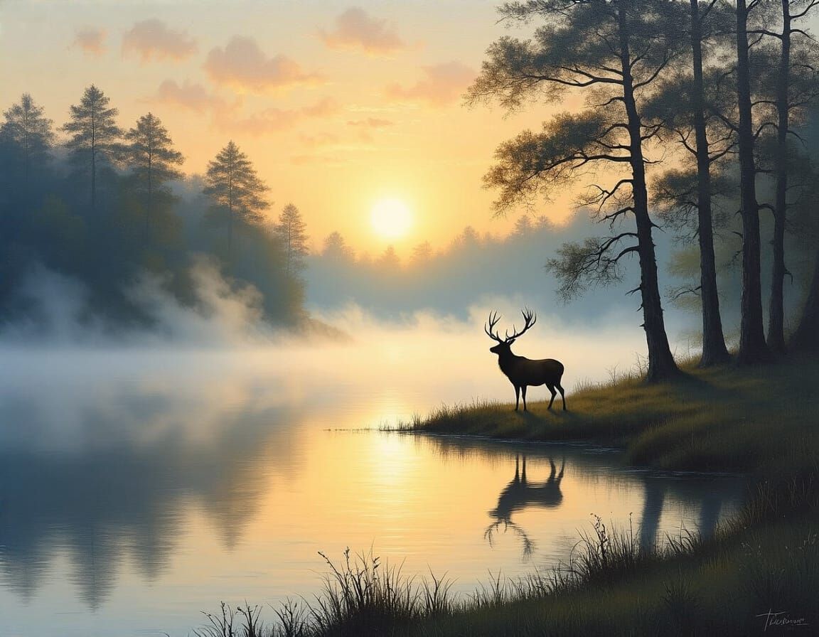 Serene Dawn Landscape Oil Painting with Stag